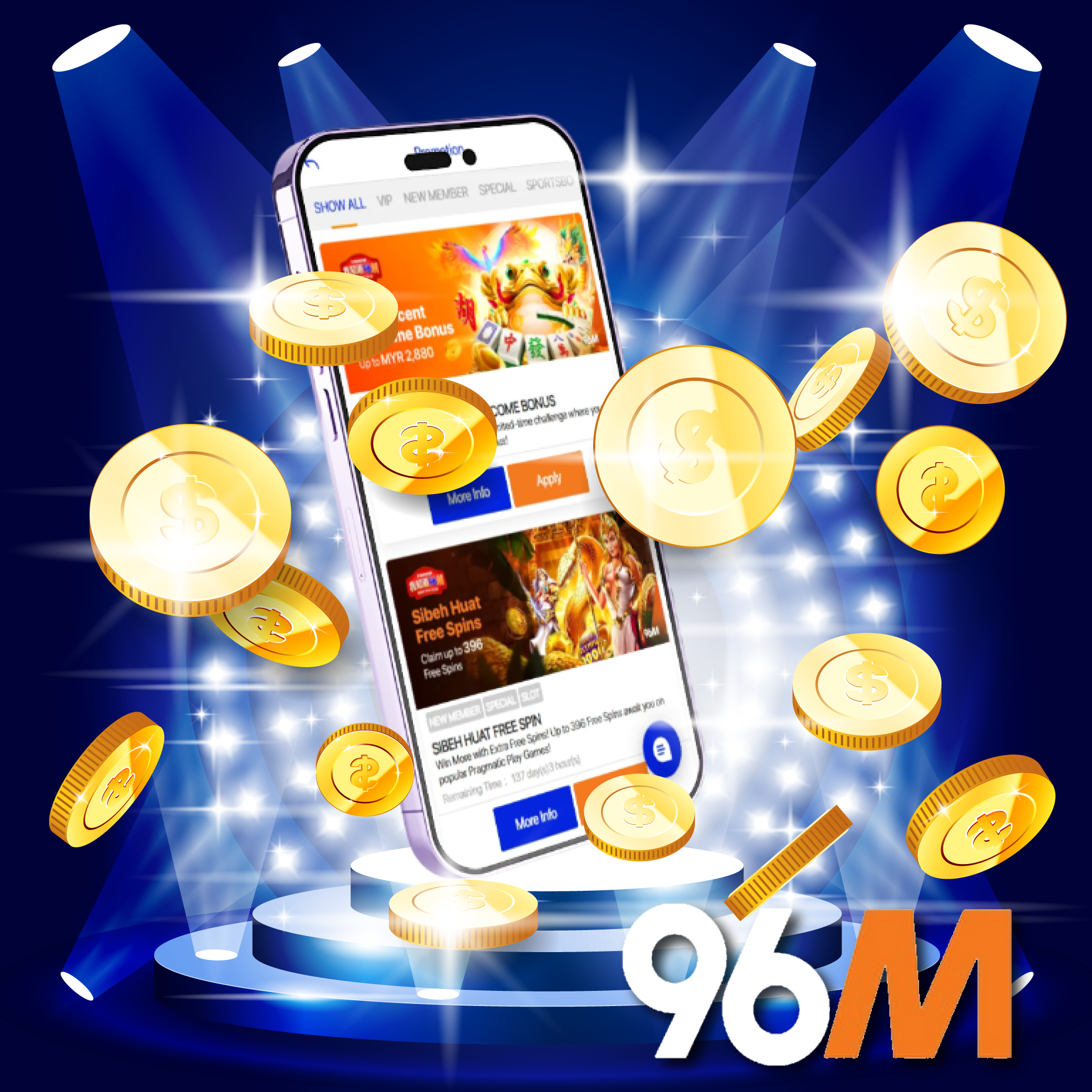 96M app showing welcome bonus and free spins rewards